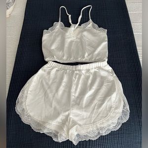 Lulu’s Sweet Nights White Satin Lace Two-Piece Pajama Set